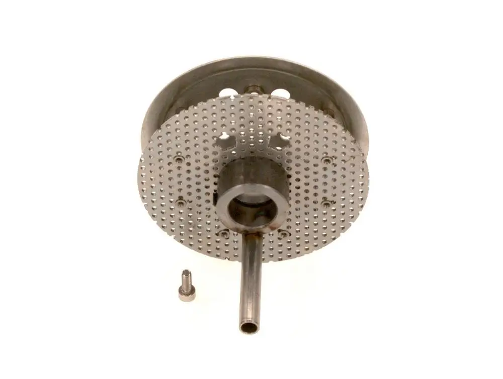 BOSCH Mischsystem mit perforierter Platte und mittigem Anschlussrohr. Edelstahl-Oberfläche, geeignet für verschiedene Anwendungen in der Gebäudetechnik.